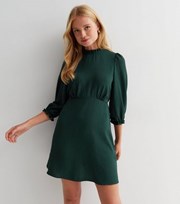 New Look Dark Green Frill High Neck 3/4 Puff Sleeve Mini Dress